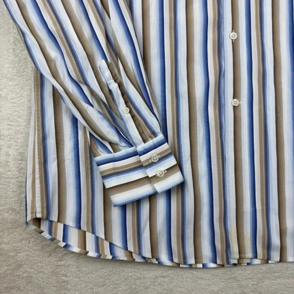 Faconnable Mens XXL‎ Blue/Tan/White Striped Long Sleeve Button Down Cotton Shirt